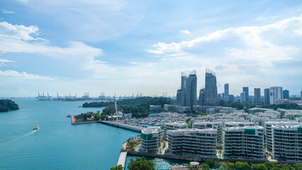 Cityscape in Singapore. Ocean and tall buildings.