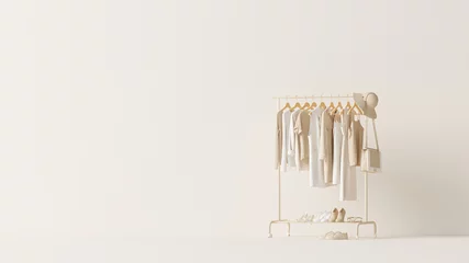 Fotobehang Clothes on grunge background, shelf on cream background. Collection of clothes hanging on a rack in neutral beige colors. 3d rendering, store and bedroom concept  © Tiviland