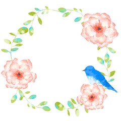 優しいタッチの幸せを運ぶ青い鳥とアネモネとユーカリのフレーム