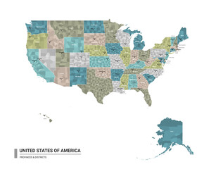 The United States of America higt detailed map with subdivisions. Administrative map of The United States of America with districts and cities name, colored by states and administrative districts. 