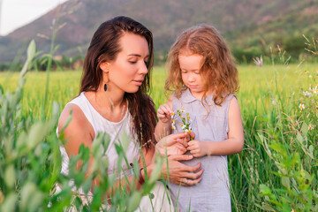 Young Mother and daugther look on the flower near rice field, nature, travel