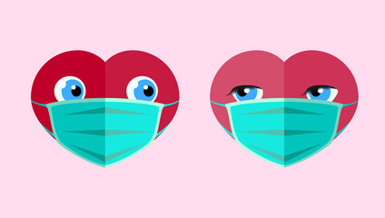 Valentine's day card or banner design concept in vector. Happy Hearts in medical masks, protection from covid-19, take care of yourself during the holiday.