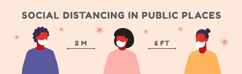 social distancing in public places. Social distancing infographic banner or poster. Space between people to avoid spreading COVID-19.Stay safe by keeping a distance from people in public areas. 