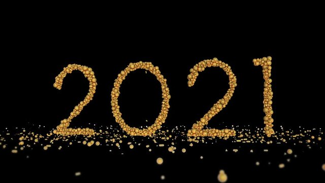 2021 New Year sign made from golden holiday globes, against black background.mov
