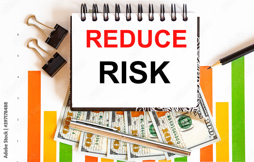 Poster notebook with tools and notes about reduce risk ,business concept