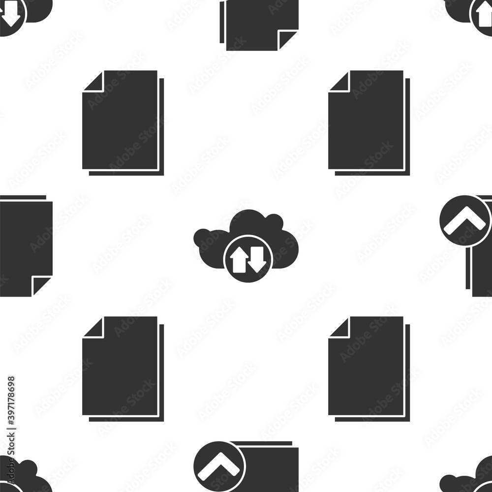 Poster set document and check mark, cloud download and upload and document on seamless pattern. vector.