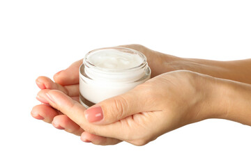 Female hands hold jar with cosmetic cream, isolated on white background