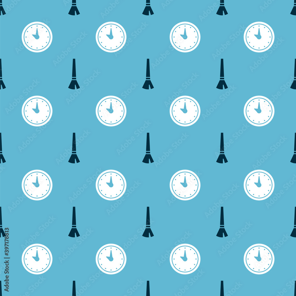 Poster set paint brush and clock on seamless pattern. vector.