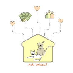 Homeless cat and dog at the shelter. Help to animals in the form of money donations, love care and adoption. Vector color conceptual illustration in outline flat style.
