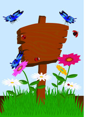 wooden sign with flowers and butterflies