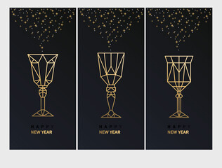 Fototapeta na wymiar Postcards with glass goblets and stars. Polygonal gold design