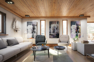 Modern Residential Attic Loft Interior  - 3d visualization