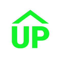 Green logo inscription UP on a white background. Up arrow. Letters U and P. Growth vector icon. Color vector illustration