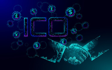 Initial coin offering ICO letters technology concept. Business finance economy low poly design style. Currency crypto banking online offer. Internet commerce block chain vector illustration