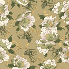 Floral pattern with beads, chains, beads and tassels. Oriental motifs with peonies