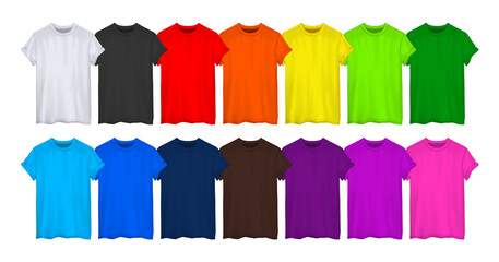 Set of colored t-shirt realistic mockup. Vector illustration.