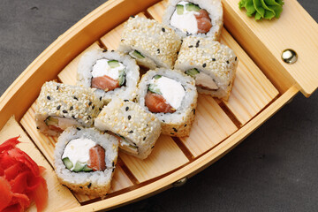 Japanese sushi roll on plate close up