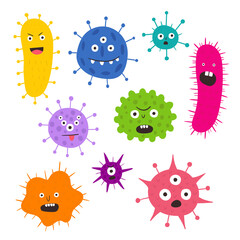 Cartoon  bacteria and germs. Color microbes and disease viruses isolated on white background. Good and bad microbes.