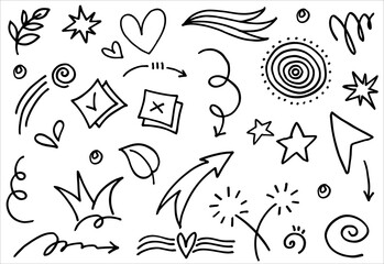 Obraz na płótnie Canvas Hand drawn set elements, Abstract arrows, ribbons, hearts, stars, crowns and other elements in a hand drawn style for concept designs. Scribble illustration. Vector illustration.