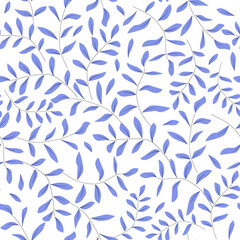 Delicate blue branches and leaves silhouette seamless pattern. Hand drawn background for wrapping scrapbooking paper banner. Scandinavian style. Stock vector flat illustration isolated on white