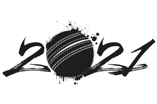 Abstract numbers 2021 and cricket ball made of blots in grunge style. 2021 New Year on an isolated background. Design pattern. Vector illustration