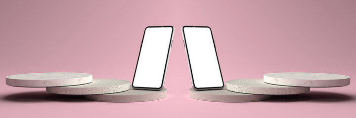 3D rendering of The Smartphones white screen on Round marble Pedestal, Mobile phone mockup tilted to the ground. Pedestal can be used for commercial advertising, Isolated on Minimal pink background.