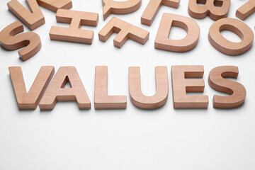 Word VALUES made of wooden letters on white background