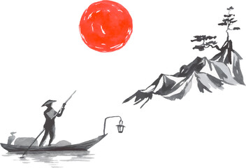 Japan traditional sumi-e painting. Fuji mountain, sakura, sunset. Japan sun. Indian ink vector illustration. Japanese picture.