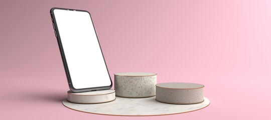 3D rendering of The Smartphones white screen on Round marble Pedestal, Mobile phone mockup tilted to the ground. Pedestal can be used for commercial advertising, Isolated on Minimal pink background.