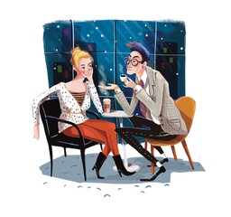 couple sitting in a cafe chatting and drinking coffee with a night window behind
