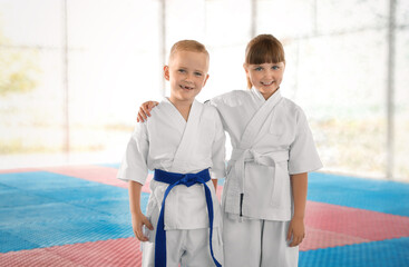 Children in kimono during karate practice on tatami outdoors