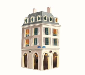 one European building with french windows and shop windows on the ground floor - hand drawn illustration on white background