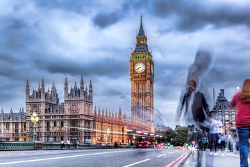 Big Ben with people on bridge in the evening, London, England, United Kingdom