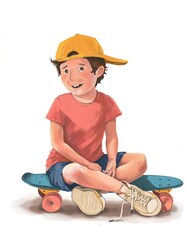 a young caucasian boy wearing a yellow hat, red teeshirt and blue short  sitting on his skateboard - hand drawn illustration on white background
