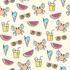 Funny summer seamless pattern with crab, sunglasses, ice cream, watermelon and lemonade.Vector holiday stylized background, Illustration design