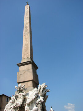 Rome, Italy - Macuteo obelisk, sitting atop  Fontana del Pantheon (Fountain of the Pantheon in English), located in the Piazza della Rotonda in front of the Roman Pantheon.