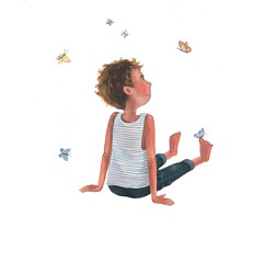 a small caucasian boy sitting on the ground and smiling on a summer day and looking at butterflies around him - hand drawn illustration on white background
