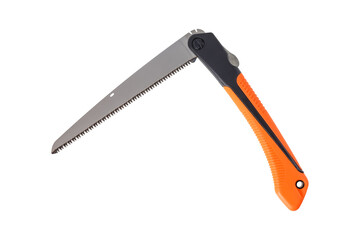 Small fold hand-saw for tree pruning isolated on white background with clipping path included.