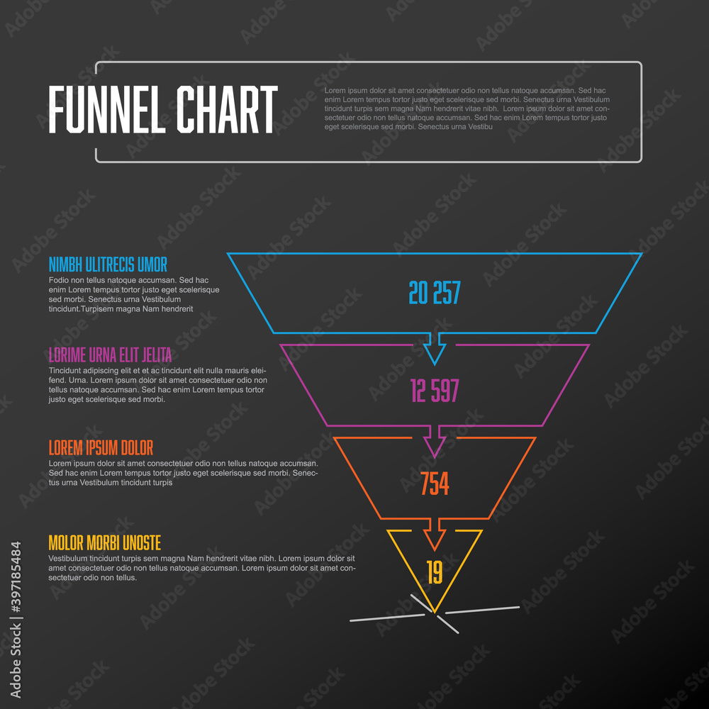 Poster vector thin line infographic funnel level layers template dark version