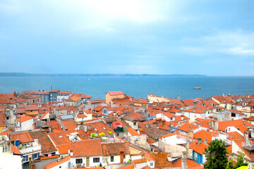 Naklejka na ściany i meble Panorama of the city. The city of Piran in Slovenia by the Adriatic Sea. View of the coast. 