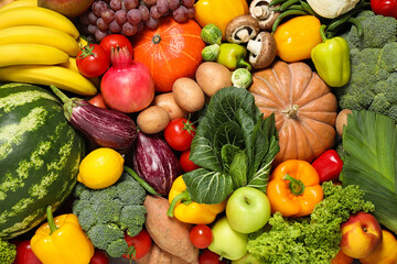 Assortment of organic fresh fruits and vegetables as background, closeup