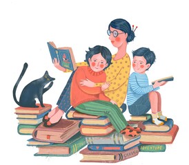 mother with two children and a black cat sitting on a pile of books and reading a story - hand drawn illustration on white background