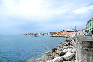 Panorama of the city. The city of Piran in Slovenia by the Adriatic Sea. View of the coast. 