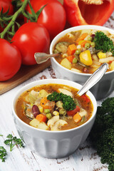 Bowls with Italian soup minestrone	