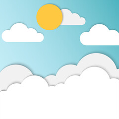 Blue Sky with Clouds and Sun. Cartoon Paper Background. Bright Illustration for Design