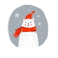 White winter teddy bear with cute face wearing red scarf and a Christmas hat - hand drawn illustration