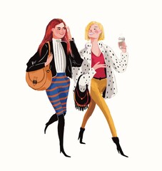 two young caucasian women walking, chatting and drinking coffee - hand drawn illustration on white background