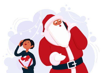 The Santa Claus calls by a smartphone, talking with a little kid. Cute Santa speaks on the phone. A child holds a gift box. Christmas, New Year distant congratulation. A vector cartoon illustration.