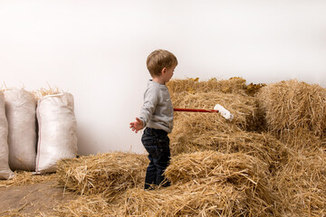 Naklejka na ściany i meble little boy sweeping hay with a broom at the farm. the child helps the parents with the housework. bags of hay on the background.