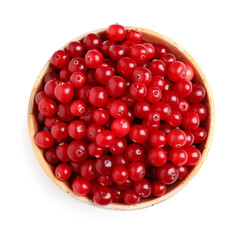 Fresh ripe cranberries in bowl isolated on white, top view